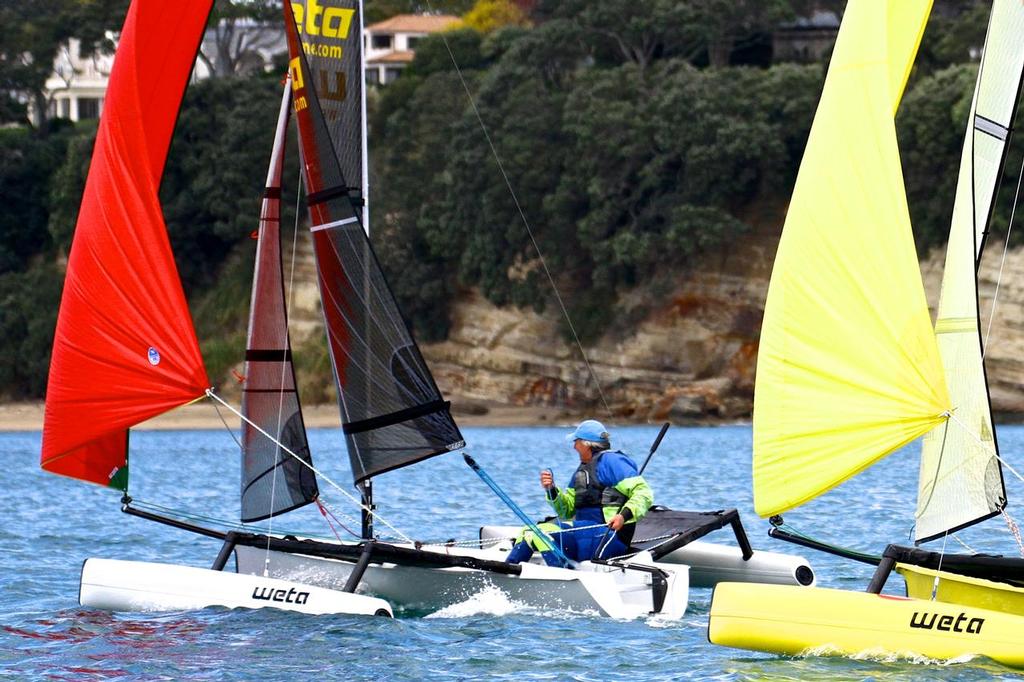 Sail-World’s NZ Editor, Richard Gladwell, single handed racing in Wetas off Takapuna Beach © Rebecca Hayter http://www.stuff.co.nz/sport/boating/